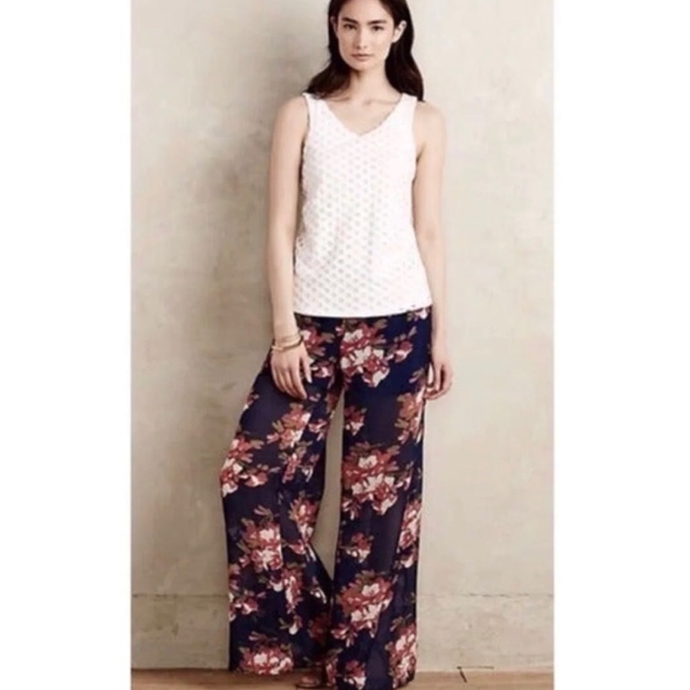 Anthropologie elevenses Navy Floral Wide Leg Pants, shorts underneath Size Small